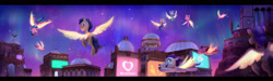 Size: 2500x752 | Tagged: safe, artist:debbie yeo, pegasus, pony, g5, my little pony: a new generation, official, concept art, flying, glowing, glowing wings, magic, outdoors, ponyfone, ponyfone logo, wings, zephyr heights