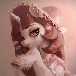 Size: 1280x1280 | Tagged: safe, artist:rvsd, oc, oc only, pony, unicorn, bracelet, bust, clothes, female, hat, horn, jewelry, lidded eyes, lipstick, looking at you, mare, solo, unicorn oc