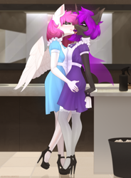 Size: 2862x3888 | Tagged: safe, artist:elektra-gertly, oc, oc only, oc:ellie berryheart, oc:xandra, changeling, pegasus, anthro, apron, black eyeshadow, bucket, cleaning, clothes, drool, duo, erotica, eyeshadow, female, french kiss, green eyes, high heels, housewife, kissing, licking, lipstick, love, makeup, mirror, pressed against screen, purple changeling, purple eyes, rag, shoes, sink, sloppy kissing, stockings, table, thigh highs, toilet, tongue out, white wings, wings