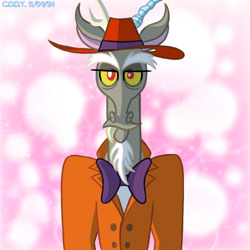 Size: 2000x2000 | Tagged: safe, alternate version, artist:codenamekid, discord, draconequus, pony, g4, bowtie, clothes, complex background, hat, horn, looking at you, male, shading, shirt, undershirt, zoot suit