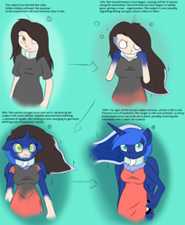 Size: 850x1039 | Tagged: safe, artist:drakky, princess luna, alicorn, human, anthro, g4, caption, clothes, collar, dress, female, human to anthro, mind control, text, transformation, transformation sequence