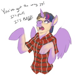 Size: 2000x2000 | Tagged: safe, artist:a curious fox, twilight sparkle, alicorn, pony, g4, annoyed, bust, clothes, dialogue, glasses, human to pony, looking up, mid-transformation, plaid, plaid shirt, shirt, simple background, solo, transformation, twilight sparkle (alicorn), white background