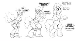 Size: 2400x1292 | Tagged: safe, artist:redflare500, pinkie pie, earth pony, human, anthro, unguligrade anthro, g4, arm hooves, grayscale, happy, human to anthro, living clothes, living suit, monochrome, offscreen character, ponysuit, speech bubble, transformation, transformation sequence