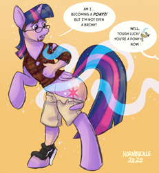 Size: 958x1035 | Tagged: safe, artist:hornbuckle, discord, twilight sparkle, alicorn, human, pony, g4, clothes, confused, dialogue, glasses, human to pony, magic, offscreen character, solo, speech bubble, transformation, twilight sparkle (alicorn)