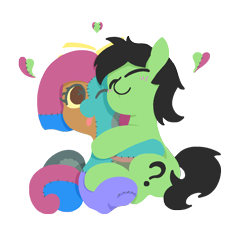 Size: 1500x1500 | Tagged: safe, anonymous artist, oc, oc:anon, oc:filly anon, oc:silly stuffing, earth pony, pony, doll, duo, duo female, female, filly, foal, hug, simple background, toy, transparent background