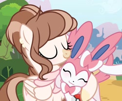 Size: 1470x1220 | Tagged: safe, artist:cstrawberrymilk, oc, oc only, oc:strawberry milk, pegasus, pony, sylveon, g4, bangs, base used, blushing, brown mane, brown tail, coat markings, colored hooves, cream coat, crossover, day, duo, ear piercing, earring, eyelashes, eyes closed, facial markings, female, female oc, folded wings, hooves, hug, jewelry, mare, mare oc, outdoors, pegasus oc, piercing, poké ball, pokémon, ponysona, ponytail, screencap background, show accurate, sidebangs, smiling, snip (coat marking), solo, tail, three quarter view, tied mane, tree, two toned mane, two toned tail, wings, yellow hooves