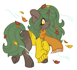 Size: 1138x1037 | Tagged: safe, artist:kazmuun, oc, oc only, oc:sweater weather, pony, unicorn, autumn leaves, big ears, blank flank, brown coat, chibi, clothes, coat markings, colored, colored lineart, colored pupils, commission, ear fluff, eyelashes, facial markings, female, female oc, flat colors, green mane, green tail, heart, heart eyes, hoof heart, horn, leaves, long mane, long tail, looking back, mare, mare oc, profile, raised hoof, raised leg, scarf, signature, simple background, smiling, socks (coat markings), solo, standing on two hooves, sweater, tail, transparent background, underhoof, unicorn oc, white pupils, wind, wingding eyes, yellow eyes