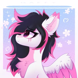 Size: 3200x3171 | Tagged: safe, artist:gaffy, oc, oc only, oc:lunylin, pegasus, abstract background, chest fluff, ear fluff, flower, passepartout, pegasus oc, smiling, solo, wings