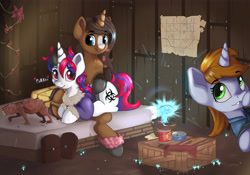 Size: 8500x5956 | Tagged: safe, artist:appleneedle, oc, oc only, oc:littlepip, oc:snowi, oc:strawberry cocoa (the coco clan), monster pony, pony, unicorn, comic:littlepip and snowi and female strawberry cocoa 0, fallout equestria, 2024, :3, absurd resolution, amused, anklet, bag, bed, bedsheets, behaving like a cat, blaze (coat marking), blue eyes, box, brown coat, brown mane, brown tail, bushy mane, canned food, castle, catchlights, chest fluff, clothes, coat markings, commission, commissioner:rautamiekka, crepuscular rays, cute, detailed background, digital art, ears, ears up, english, eyebrows, eyelashes, eyes open, facial markings, female, female oc, floating heart, fur collar, furnished, gray hooves, green eyes, happy, heart, hoof on head, hoof over mouth, hooves, horn, jacket, jewelry, jumpsuit, legs together, looking at each other, looking at someone, looking down, looking up, lying down, lying on pony, lying on top of someone, mane, map, mare, mare oc, mole rat, mushroom, ocbetes, open mouth, open smile, petting, plant, pony oc, purring, quadrupedal, red eyes, red mane, red tail, saddle bag, segmented tail, shading, shadows, short mane, signature, silly, silly pony, sitting, smiling, soft shading, tail, taxidermy, teeth, text, three quarter view, trio, trio female, two toned coat, two toned mane, two toned tail, unicorn oc, unshorn fetlocks, vault suit, white coat