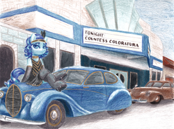 Size: 3576x2664 | Tagged: safe, artist:dandy, coloratura, earth pony, pony, art pack:nuclear neighs and deco days, g4, 20s, 30s, art deco, art pack, car, choker, clothes, colored pencil drawing, crossed hooves, dress, eyeshadow, female, high res, makeup, mare, modern art, shoes, sitting, solo, stockings, text, theater, thigh highs, traditional art