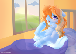 Size: 4093x2894 | Tagged: safe, artist:jjsh, oc, oc only, oc:aurelia coe, earth pony, pony, bed, bedroom, blanket, cloud, female, field, high res, in bed, indoors, lineless, looking at you, lying down, mare, open mouth, pillow, sky, solo, sun, sunlight, sunrise, teeth, waking up, window, yawn