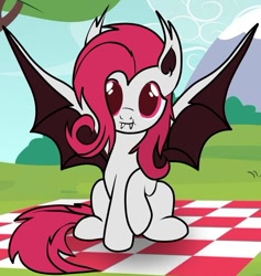 Size: 564x595 | Tagged: safe, artist:shaurmyau, oc, oc only, oc:shau, bat pony, pony, bat pony oc, fangs, not flutterbat, not fluttershy, outdoors, picnic blanket, pink mane, pink tail, raised hoof, scenery, show accurate, sitting, solo, spread wings, tail