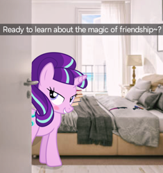 Size: 1498x1592 | Tagged: safe, artist:90sigma, artist:trrrebleee, edit, vector edit, starlight glimmer, pony, unicorn, g4, bed, blushing, book, caption, counter-strike, counter-strike: global offensive, glock, gun, horn, indoors, karambit, meme, pistol, s5 starlight, snapchat, text, vector, weapon