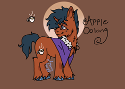 Size: 1908x1368 | Tagged: safe, artist:arsonrabbit, oc, oc only, oc:apple oolong, pony, unicorn, g4, abstract background, blue eyes, blue hair, blue hooves, blue mane, blue tail, brown coat, cheek fluff, chest fluff, circle background, clothes, digital art, ear fluff, ear piercing, facial hair, freckles, goatee, hooves, horn, looking back, male, piercing, signature, solo, stallion, tail, unicorn oc, vest