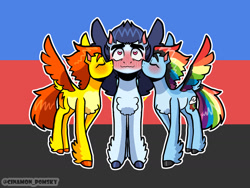 Size: 1280x960 | Tagged: safe, artist:cinamon_pomsky, rainbow dash, soarin', spitfire, pegasus, pony, g4, blushing, cheek kiss, chest fluff, colored wings, female, kiss sandwich, kissing, male, mare, multicolored wings, polyamory, polyamory pride flag, pride, pride flag, rainbow wings, ship:soarindashfire, shipping, soarin' gets all the mares, spread wings, stallion, straight, wingboner, wings