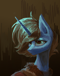 Size: 4000x5000 | Tagged: safe, artist:anastas, oc, oc only, oc:langweilig freitag, pony, unicorn, bags under eyes, bust, clothes, gradient background, horn, lidded eyes, male, portrait, solo, spotlight, stallion, sternocleidomastoid, sweater, tired