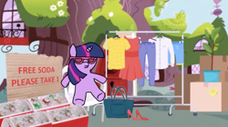 Size: 2490x1392 | Tagged: safe, artist:tamers12345, twilight sparkle, pony, unicorn, my little pony the movie: soarin & braeburn, g4, clothes, garage sale, horn, outdoors, questionable source, soda, solo, sunglasses