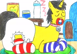 Size: 3049x2140 | Tagged: safe, artist:bitter sweetness, oc, oc only, oc:bitter sweetness, pony, unicorn, abdl, adult foal, armchair, baby bottle, chair, clothes, diaper, diaper fetish, eyes closed, fetish, furniture, horn, indoors, non-baby in diaper, onomatopoeia, pacifier, poofy diaper, sleeping, socks, solo, sound effects, striped socks, traditional art, wooden floor, zzz