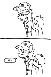 Size: 378x562 | Tagged: safe, artist:plunger, oc, oc only, earth pony, pony, comic, drawthread, female, hat, lineart, mare, monochrome, solo, speech bubble