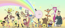 Size: 1366x585 | Tagged: safe, artist:l0lm4tt, pinkie pie, bear, big cat, dwarf, grizzly bear, human, pony, sea sponge, tiger, adventure time, alan keane, big hero 6, bmo, charlie morningstar, cloudcuckoolander, crossover, emi fukukado, emmet brickowski, female, frozen (movie), gir, goofball, gravity falls, grizz, happy (dwarf), hazbin hotel, hellaverse, high five, honey lemon (big hero 6), inside out, invader zim, joy (inside out), jumping, lego, lego minifigure, luan loud, mabel pines, male, mass crossover, minifig, molly mcgee, mr. happy, mr. men, ms. joke, my hero academia, needs more jpeg, olaf, plushie, pops maellard, regular show, snow, snow white and the seven dwarfs, snowman, soos, spongebob squarepants, spongebob squarepants (character), star butterfly, star vs the forces of evil, the amazing world of gumball, the ghost and molly mcgee, the lego movie, the loud house, tigger, wander (wander over yonder), wander over yonder, we bare bears, wholesome, winnie the pooh