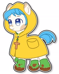 Size: 1642x2053 | Tagged: safe, artist:noz, earth pony, pony, bead necklace, boots, cross, cross necklace, female, filly, foal, jewelry, jubilee 2025, luce, necklace, outline, ponified, raincoat, rule 85, shoes, simple background, smiling, solo, vatican, white background, white outline