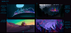 Size: 7803x3685 | Tagged: safe, artist:rebecca dart, dhx media, leak, city, concept art, english, g4 finale movie, neon city, no pony, what could have been