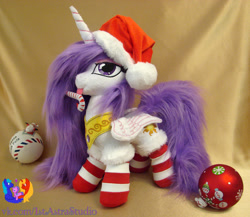 Size: 1477x1280 | Tagged: safe, artist:1stastrastudio, princess celestia, pony, princess molestia, candy, candy cane, clothes, food, irl, mouth hold, photo, plushie, socks, solo, striped socks