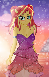 Size: 1000x1584 | Tagged: safe, artist:emeraldblast63, artist:uotapo, sunset shimmer, equestria girls, g4, bare shoulders, breasts, busty sunset shimmer, clothes, dress, pigtails, sleeveless, solo, sparkles, strapless, stupid sexy sunset shimmer