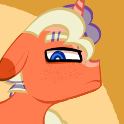 Size: 768x768 | Tagged: safe, artist:kharmacal, oc, oc only, oc:hay bale, pony, unicorn, bust, colored lineart, colored pupils, ears back, fanart, freckles, frown, gift art, horn, looking down, solo, two toned mane