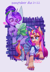 Size: 1984x2880 | Tagged: safe, artist:zackchibi, izzy moonbow, sunny starscout, earth pony, pony, unicorn, g5, duo, duo female, fairy costume, female, frankenstein, frankenstein's monster, high res, horn, mare, ponytober 2024, simple background, text, white background