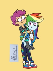 Size: 780x1040 | Tagged: safe, artist:garybaldor, rainbow dash, scootaloo, human, equestria girls, g4, my little pony equestria girls: better together, clothes, converse, duo, duo female, eyebrows, eyebrows visible through hair, female, hoodie, piggyback ride, shoes, siblings, signature, simple background, sisters, sneakers, wristband, yellow background