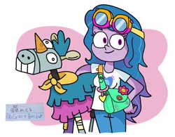 Size: 1024x798 | Tagged: safe, artist:garybaldor, izzy moonbow, señor butterscotch, human, equestria girls, g4, g5, bag, clothes, cutie mark on clothes, denim, equestria girls-ified, female, g5 to g4, generation leap, izzy's crafting glasses, jeans, pants, shirt, signature, smiling