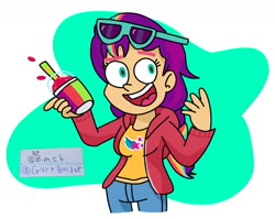 Size: 1024x817 | Tagged: safe, artist:garybaldor, sunny starscout, human, equestria girls, g4, g5, clothes, cutie mark on clothes, denim, drink, equestria girls-ified, female, g5 to equestria girls, g5 to g4, generation leap, hoodie, jeans, pants, signature, smiling, smoothie, solo, sunglasses