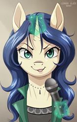 Size: 678x1078 | Tagged: safe, artist:lennonblack, pony, unicorn, clothes, etsuko yamanobe, female, glowing, glowing horn, hana no joshi announcer:newscaster etsuko, horn, jewelry, lipstick, magic, mare, microphone, necklace, newscaster, ponified, signature, smiling, smirk, solo, telekinesis