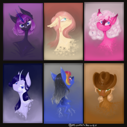 Size: 1900x1900 | Tagged: safe, artist:missme4theway, applejack, fluttershy, pinkie pie, rainbow dash, rarity, twilight sparkle, earth pony, pegasus, pony, unicorn, bust, female, horn, mane six, mare, portrait, redesign, signature