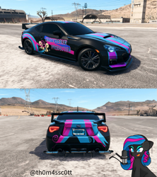 Size: 957x1080 | Tagged: safe, artist:caoscore, artist:snowy starshine, oc, oc only, oc:obabscribbler, earth pony, pony, airfield, car, eyeshadow, headphones, makeup, microphone, mountain, mountain range, need for speed, open mouth, outdoors, signature, smiling, solo