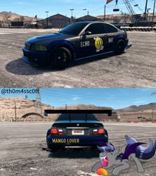 Size: 957x1080 | Tagged: safe, artist:diniarvegafinahar, artist:snowy starshine, oc, oc:echo, bat pony, pony, airfield, bmw m3 gtr, car, fangs, food, herbivore, mango, mountain, mountain range, need for speed, open mouth, outdoors, signature, sky, solo, tongue out