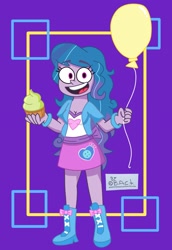 Size: 1413x2050 | Tagged: safe, artist:garybaldor, izzy moonbow, human, equestria girls, g4, g5, balloon, breasts, clothes, cosplay, costume, cupcake, equestria girls outfit, equestria girls-ified, female, food, g5 to equestria girls, g5 to g4, generation leap, happy, open mouth, open smile, signature, smiling, solo