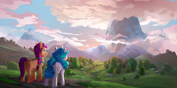 Size: 6000x2976 | Tagged: safe, izzy moonbow, sunny starscout, pony, unicorn, g5, my little pony: a new generation, official, cloud, concept art, duo, duo female, female, grass, horn, mare, mountain, outdoors, scenery, sky, tree