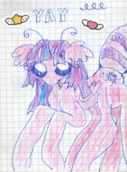 Size: 1607x2175 | Tagged: safe, artist:larvaecandy, twilight sparkle, alicorn, ant, ant pony, insect, original species, pony, unicorn, abdomen, alternate tailstyle, antennae, bangs, big eyes, colored pencil drawing, eye clipping through hair, female, floppy ears, folded wings, graph paper, horn, long legs, mare, multiple legs, no mouth, pincers, race swap, raised hoof, six legs, small wings, solo, sparkles, sparkly mane, sticker, tail, three toned mane, traditional art, twilight sparkle (alicorn), two toned tail, unicorn horn, wingding eyes, wings, yay