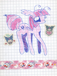 Size: 1588x2115 | Tagged: safe, artist:larvaecandy, twilight sparkle, alicorn, ant, ant pony, insect, original species, pony, alternate mane color, alternate tailstyle, antennae, big eyes, colored pencil drawing, curly eyelashes, eyelashes, female, floppy ears, folded wings, graph paper, kuromi, long legs, looking back, mare, mixed media, no mouth, pink mane, profile, purple coat, race swap, sanrio, solo, sticker, tail, traditional art, twilight sparkle (alicorn), two toned tail, wings