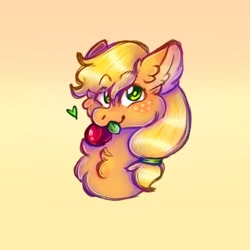 Size: 1280x1280 | Tagged: safe, artist:tainderstorm, applejack, earth pony, pony, g4, apple, bust, cheek fluff, chest fluff, cute, ear fluff, female, food, gradient background, hatless, jackabetes, looking at you, mare, missing accessory, mouth hold, neck fluff, smiling, smiling at you, solo