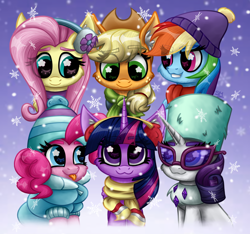 Size: 3200x3000 | Tagged: safe, artist:sunamoonmlp, derpibooru exclusive, applejack, fluttershy, pinkie pie, rainbow dash, rarity, twilight sparkle, alicorn, earth pony, pegasus, pony, unicorn, g4, clothes, cute, eye clipping through hair, female, glasses, hat, horn, jacket, mane six, mare, scarf, smiling, snow, snowflake, teeth, tongue out, twilight sparkle (alicorn), winter, winter outfit