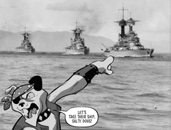 Size: 737x559 | Tagged: safe, idw, diamond dog, battleship, black and white, comic, grayscale, meme, monochrome, photo, pirate, pointing, sepia, this will not end well, world war ii