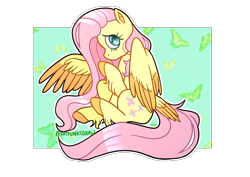 Size: 4092x2893 | Tagged: safe, artist:blueonegone, fluttershy, butterfly, pegasus, pony, g4, colored hooves, colored wings, cute, female, high res, hooves, looking at you, mare, one wing out, outline, partial background, profile, raised hoof, shyabetes, sitting, solo, tail, tail feathers, two toned wings, unshorn fetlocks, white outline, wings