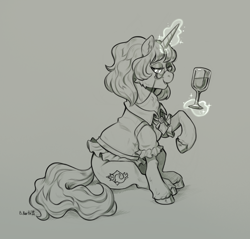 Size: 2468x2358 | Tagged: safe, artist:birdoffnorth, oc, oc only, oc:sea chic, pony, unicorn, alcohol, female, fusion, fusion:fancypants, fusion:sea swirl, glass, glasses, glowing, glowing horn, gray background, grayscale, horn, levitation, lidded eyes, magic, mare, monochrome, open mouth, open smile, simple background, sitting, smiling, solo, telekinesis, wine, wine glass