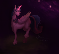 Size: 2019x1825 | Tagged: safe, artist:fealcity, twilight sparkle, alicorn, pony, g4, dark, female, glowing, glowing horn, horn, mare, raised leg, smiling, solo, stars, twilight sparkle (alicorn), unshorn fetlocks