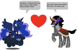 Size: 2020x1342 | Tagged: artist needed, source needed, safe, king sombra, princess luna, g4, cloud, heart, marriage proposal, pick-up line, shipping, simple background, white background