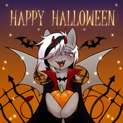 Size: 3000x3000 | Tagged: safe, artist:aay41x, oc, oc only, oc:wafflejuice, bat pony, bat wings, black and white mane, clothes, commission, costume, fangs, gray fur, halloween, halloween costume, holiday, purple eyes, solo, ych result