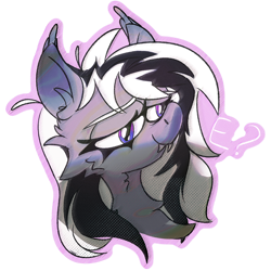 Size: 1024x1024 | Tagged: safe, artist:rvsd, artist:ybkathan, oc, oc only, oc:wafflejuice, bat pony, black and white mane, fangs, female, gray fur, mare, purple eyes, simple background, sticker, telegram sticker